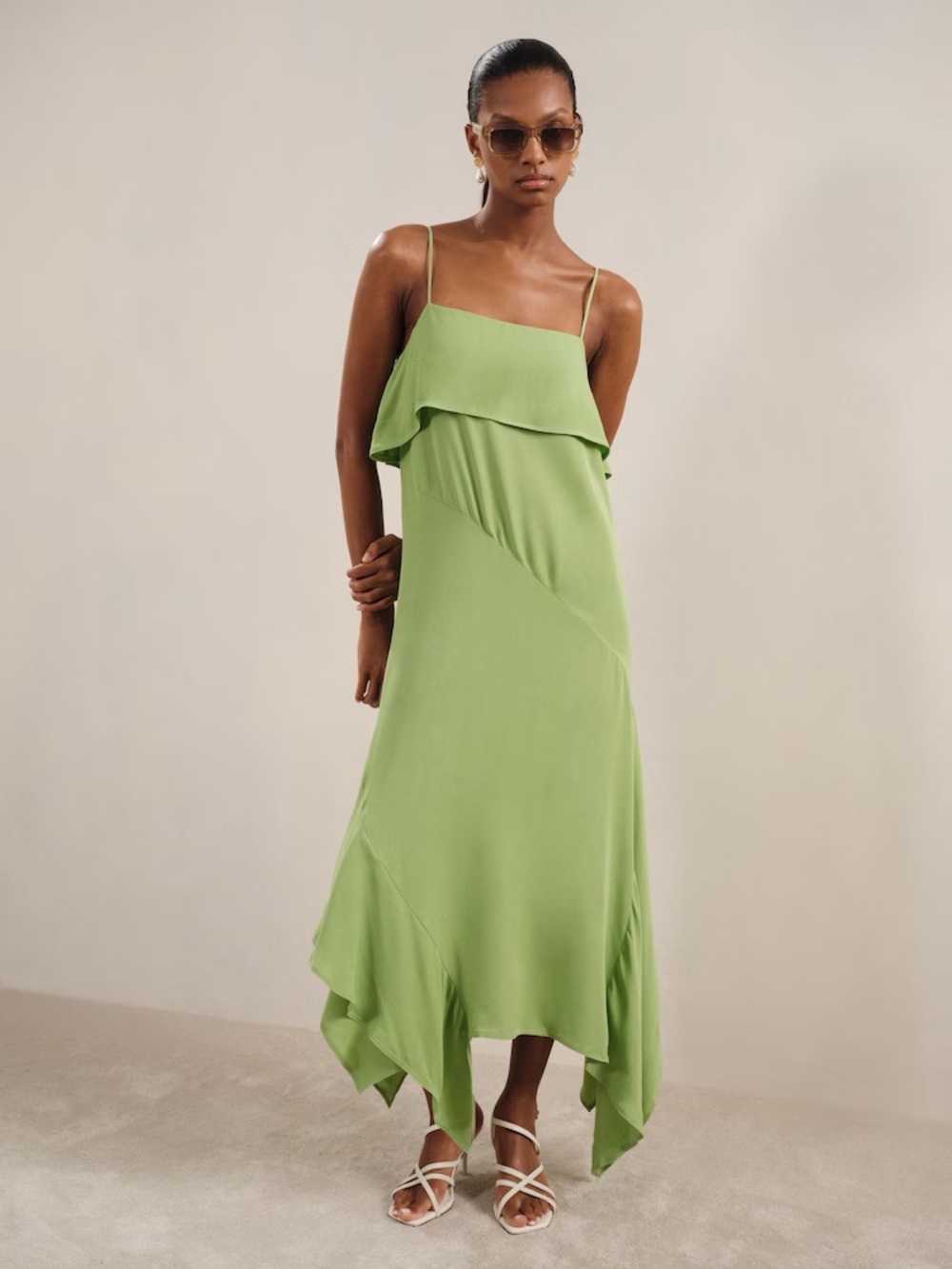 NWT Reiss pistachio green asymmetrical ruffle midi slip dress